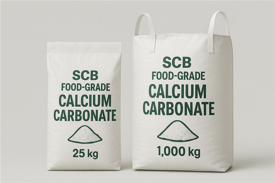 SCB Food-Grade Calcium Carbonate sacks in 25 and 1000 kilogram sizes