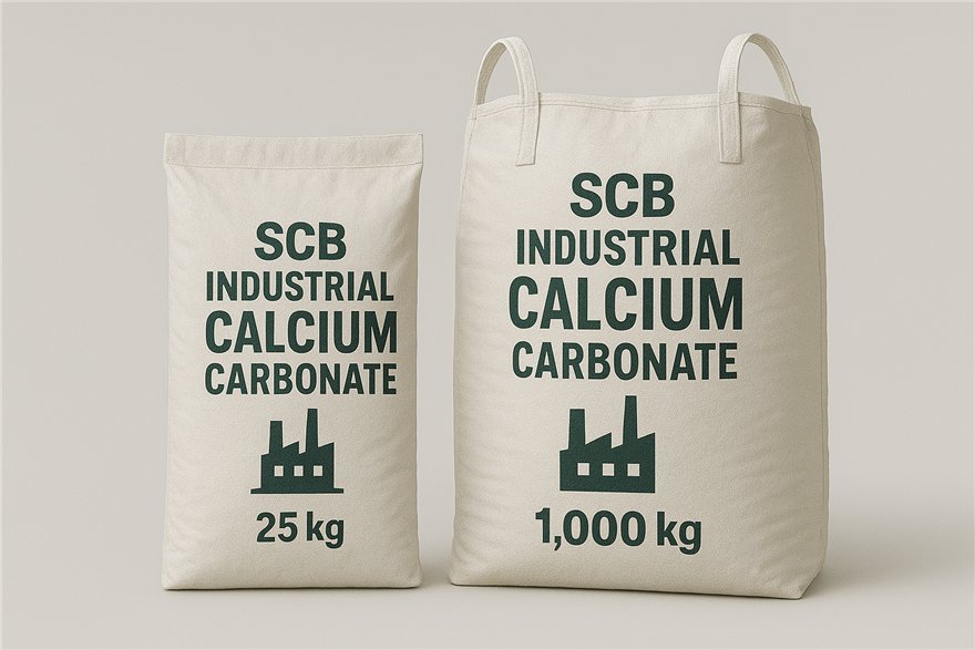 SCB Industrial Calcium Carbonate sacks in 25 and 1000 kilogram sizes