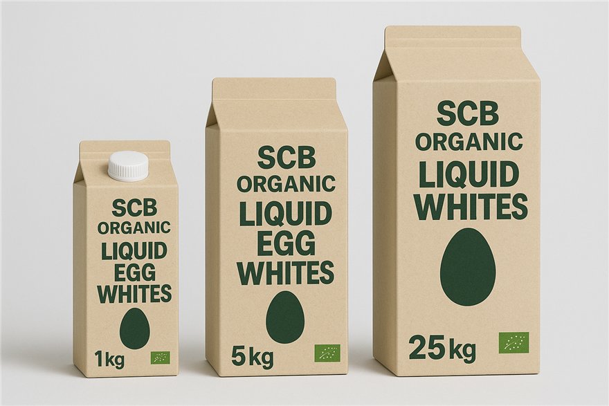SCB Organic Liquid Egg Whites cartons in 1, 5 and 25 kilogram sizes