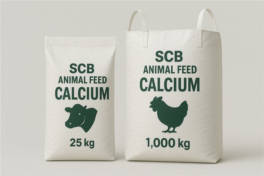 SCB Animal Feed Calcium sacks in 25 and 1000 kilogram sizes