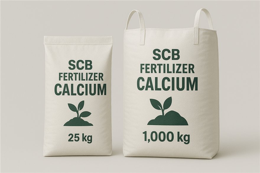 SCB Fertilizer Calcium sacks in 25 and 1000 kilogram sizes