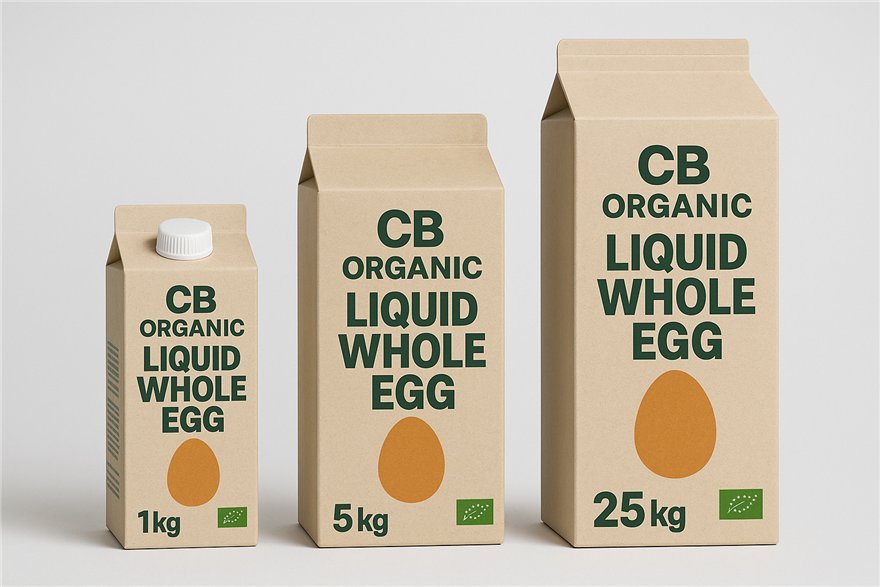 SCB Organic Liquid Whole Egg cartons in 1, 5 and 25 kilogram sizes