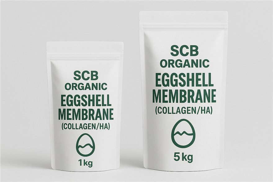 SCB Organic Eggshell Membrane collagen pouches in 1 and 5 kilogram sizes
