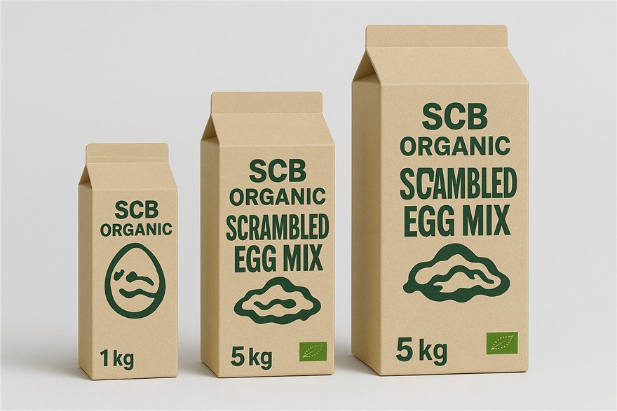 SCB Organic Scrambled Egg Mix cartons in 1 and 5 kilogram sizes